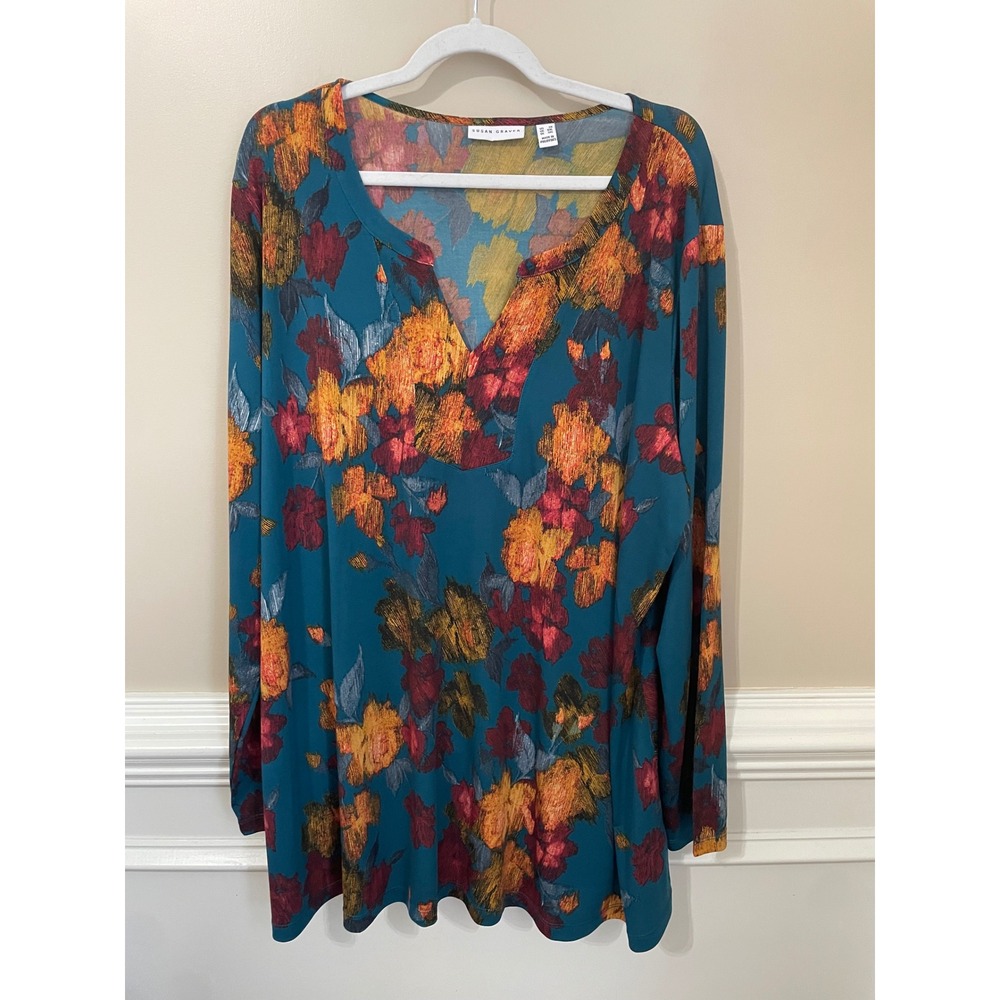 Susan Graver Liquid Knit Fall Floral Tunic Top Teal Orange 3X Long Sleeve